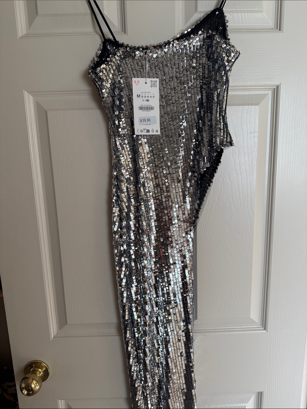 Silver Sequin Asymmetric Slip Top with Spaghetti Straps - Picture 4 of 6